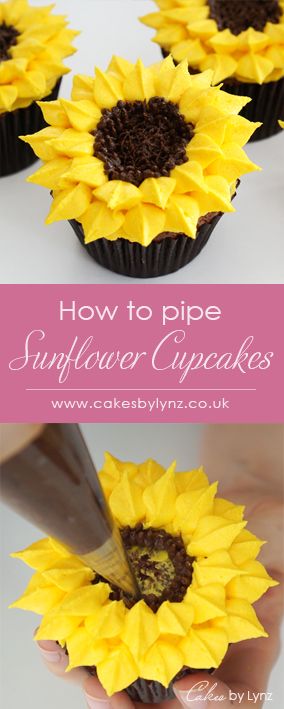 How to pipe Sunflower Cupcakes - Cakes by Lynz Sunflower Cake Decoration, Sunflower Frosting, Sunflower Cake And Cupcakes, Cupcake Flower Tutorial, August Cupcake Ideas, Sunflower Cupcake Cake, How To Decorate Flower Cupcakes, Sunflower Buttercream, Sunflower Graduation Cakes