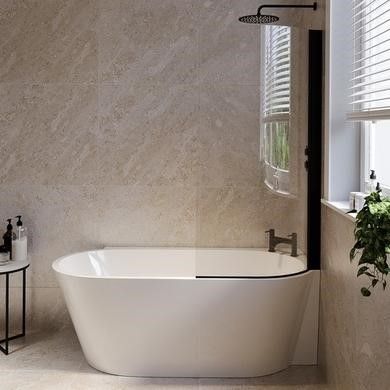 Bath With Shower Over Ideas, Shower Over Freestanding Bath Ideas, Double Ended Bath With Shower Over, Free Standing Corner Bath, Back To Wall Bath Under Window, Shower Over Bath Ideas Modern, Back To Wall Bathtub, Free Standing Shower Bath, Bathroom Freestanding Bath