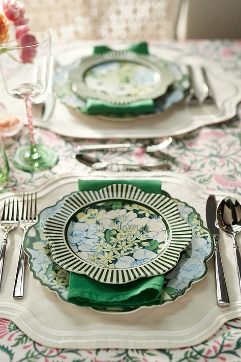 Perfect for family meals and special occasions, this steel flatware set lends a touch of elegance to your table. | Easton Flatware 5-Piece Place Setting by Anthropologie in Silver Dining Table Plate Set Up, Table Set For Two, Antique Place Settings, Fine Dining Decoration Table Settings, Floral Charger Plates, Palm Leaf Plates Table Settings, Bridesmaid Luncheon Tablescapes, Art Deco Tablescape, Party Settings Tables