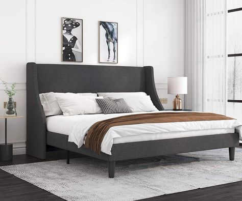 Amazon.com: Allewie King Size Platform Bed Frame with Deluxe Wingback/Upholstered Bed Frame with Headboard/Wood Slat Support/Mattress Foundation/Dark Grey(King): Furniture & Decor Headboard Modern, Bed Frame Platform, King Size Platform Bed, Cama King Size, Full Size Platform Bed, Queen Size Platform Bed, Modern Platform Bed, Wingback Bed, Lit King Size