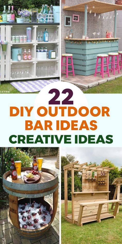 Elevate your outdoor entertaining game with these creative DIY bar ideas! Transform a wooden pallet into a rustic bar by sanding and staining it, then adding a stylish countertop. Enhance functionality by attaching hooks or shelves for storage. For a sturdy and chic option, construct a bar using cinder blocks and wood planks. Customize with paint or stain to match your decor. Want something unique? Diy Patio Bar Ideas, Diy Outdoor Bar Ideas, Diy Patio Bar, Diy Bar Ideas, Rustic Outdoor Bar, Tiki Bars Diy, Fruit Fly Trap Diy, Outdoor Bar Ideas, Outdoor Countertop