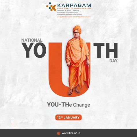 A nation needs diligent, disciplined, hard-working YOUth if it is to grow and develop. When you want to make a change in the country, the change first begins with YOUth. On this National Youth Day, we at Karpagam College of Engineering honor Swami Vivekananda, a legend who recognized the true potential of the youths. Let's give our youth more power sothey can fly higher #youthday #youth #internationalyouthday #nationalyouthday #swamivivekananda #education #india National Youth Day Creative Posters, International Youth Day Creative Ads, National Youth Day Creative Ads, National Youth Day Creative, Youth Day Creative Ads, Youth Day Poster Design, Youth Day Poster, Advertising Ideas Marketing, Indian Leaders