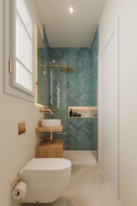 #GoTinySpace #SmallBathroom #SmallBathroomIdeas تصميم دورة مياه, Small Bathroom Interior, Narrow Bathroom, Bathroom Redesign, Bathroom Design Decor, Downstairs Bathroom, Small Bathroom Storage, Bathroom Inspiration Decor, Tiny Bathroom