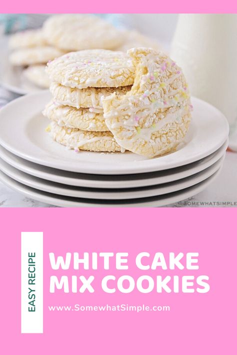 White cake mix cookies are as pretty as they are delicious! Made with just 4 ingredients, they come together easily and are perfect for any special occasion! #cakemixcookies #whitecakemixcookierecipe #3ingredientwhitecakemixcookies #whitecakemixcookies #bettycrockerwhitecakemixcookierecipe White Cake Mix Cookies, Strawberry Cake Mix Cookies, Lemon Cake Mix Cookies, Cake Mix Cookie, Recipes Using Cake Mix, Buffet Dessert, Cake Mix Desserts, Cake Mix Cookie Recipes, Lemon Cake Mixes