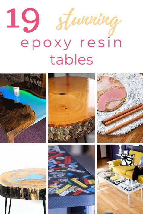 A roundup of 19 DIY epoxy resin tables you can make or buy! From epoxy river tables, coffee tables, dining tables, and more. #amberoliver #diyepoxyresintables #epoxyresintables E Poxy Resin Table, Coffee Table With Resin, Mosaic Epoxy Table, Epoxy Resin Dining Table Diy, Poured Resin Table Top, Epoxy Resin River Table, Epoxy River Coffee Table, Epoxy River Table Diy, Epoxy Desk Top Diy