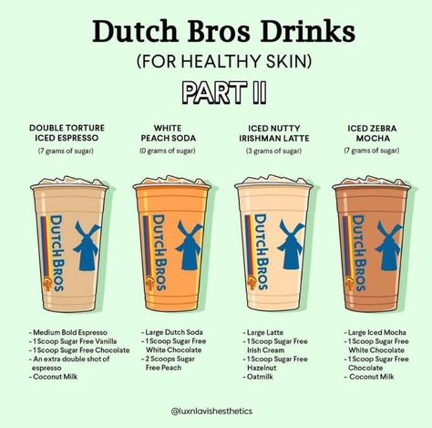 Low Cal Dutch Bros Drinks, Low Calorie Dutch Bros Drinks, Torani Syrup Recipes, Low Sugar Drinks, Dutch Bros Drinks, Starbucks Orders, Coconut Syrup, Low Calorie Drinks, Raspberry Coconut