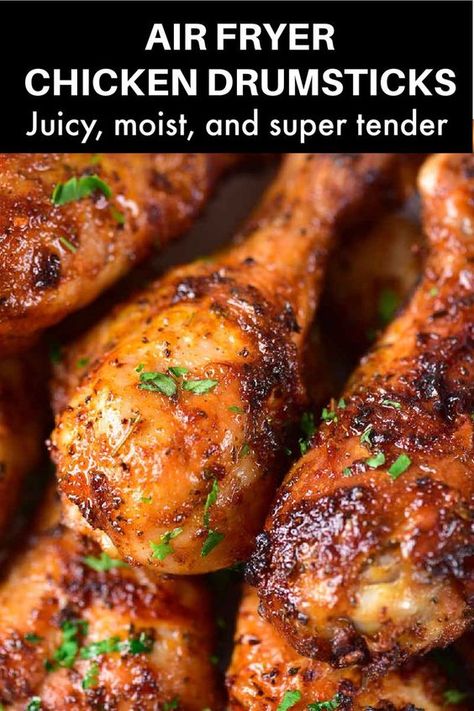 These air fryer chicken drumsticks works with chicken legs too, and take less than 14 minutes to cook! A secret ingredient guarantees the chicken is crispy on the outside and extra juicy every single time. Air Fryer Baked Chicken Drumsticks, Easy Air Fryer Fried Chicken Drumsticks, Air Fryer Chicken Drummies, Chicken Drumlets Air Fryer, Best Chicken Legs In Air Fryer, Chicken Drums In Air Fryer, Air Fryer Recipes Drumsticks, Best Air Fryer Drumsticks, Air Fry Drumsticks Recipe