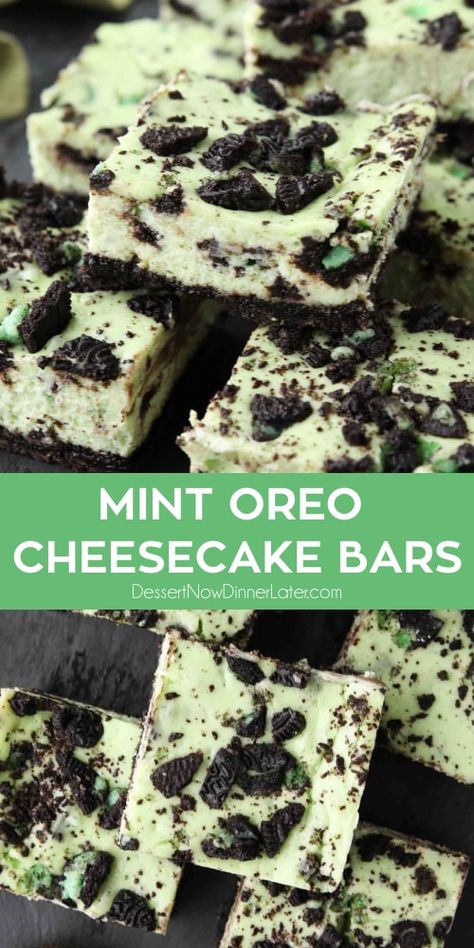 Mint Oreo Cheesecake Bars - a dessert for the mint chocolate lovers. With a mint Oreo crust, and a cool and creamy mint cheesecake loaded with extra chunks of mint Oreos throughout. No Bake Mint Oreo Cheesecake, Mint Cheesecake Bars, Dessert With Mint Oreos, Recipes With Mint Oreos, Mint Chocolate Cheesecake Recipes, Mint Oreo Recipes, Mint Desserts For Christmas, Mint Oreo Brownies, Mint Cheesecake Recipes