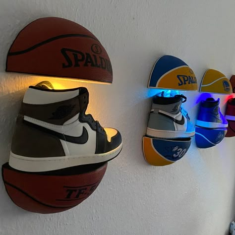 Illuminated Basketball Shelves Shoe Rack NBA Sneakers | Etsy Light Up Shoe Rack, Basketball Led Light, Cool Shoe Rack Ideas, Nike Room Decor Ideas, Floor Shelves In Bedroom, Sneaker Head Decor, Basketball Aesthetic Room, Cool Etsy Finds, Jordan Room Ideas