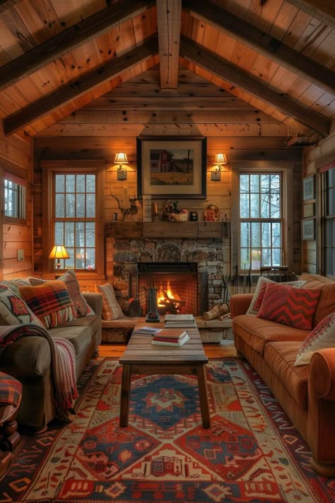 29 Small Cabin Interior Ideas for Cozy and Stylish Living 28 Inside Cabins Interiors, Wood House Inside, Adirondack Cabin Interior, Colorful Cabin Interior, Cabin Style Homes Interior, Cabin In The Woods Interior, Small Cottage Renovation, Small Rustic Living Room, Cabin Decorating Ideas Rustic