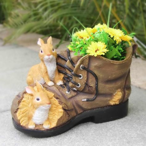 SINTECHNO Two Rabbits Nested in Shoe Flower Planter Gnome Flower Pot, Rabbit Nest, Painted Sculpture, Resin Statue, Planter Pots Outdoor, Plastic Flowers, Gnome Garden, Flower Planters, Decoration Design