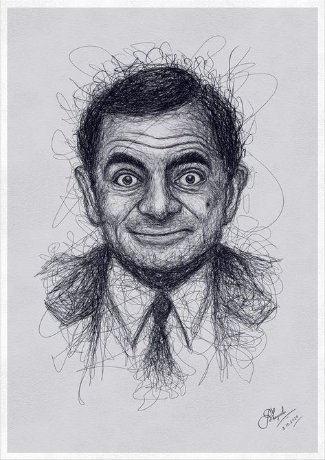 Scribble Portrait Faces, Biro Art Portraits, Scribble Art Drawing, Mr Bean Drawing Pencil, Scribble Pen Art, Scribble Art Creative, Mr Bean Sketch, Scribbled Art, Mr Bean Drawing