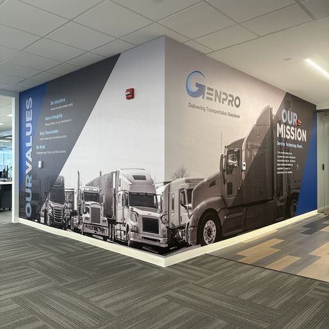 Custom graphic wall covering for office & workplace design Corporate Office Artwork, Coastal Millwork, Transportation Graphic Design, Office Graphic Wall, Corporate Office Wall Graphics, Graphic Wall Design, Office Wall Branding, Office Branding Wall, Office Mural Design