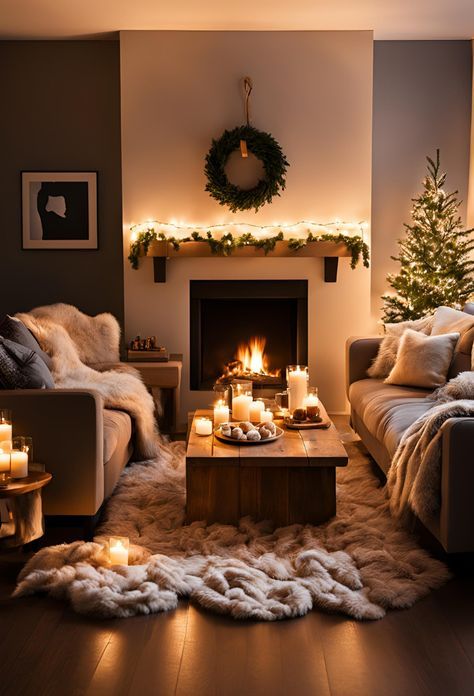 Twinkly Lights Living Room, Cozy Living Rooms Christmas, Cozy Large Living Room, Cosy Christmas Living Room, Warm Cosy Living Room, Fairy Lights Living Room, Cozy Living Rooms With Fireplace, Sofa Fluffy, Cozy Winter Living Room