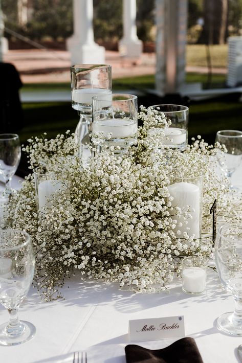 Elegant Southern Wedding Dress, Outside Tent Wedding Decor, Round Arbor Wedding Ceremony Arch, White Lace Tablecloth Wedding, Greenery And Floral Centerpieces, Wedding Table Gypsophila, Medium Height Centerpieces, Wedding Centerpieces Vase, Babies Breath Candle Centerpiece