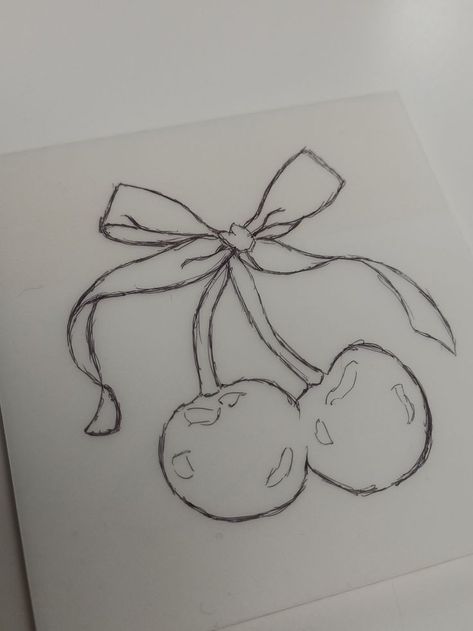 Drawing Idea Step By Step, Heart Cherry Drawing, Bow Cute Drawing, Easy Aesthetic Drawings For Beginners, Cherries With Bow, Cute Bows Drawing, Cute Drawing Inspo Easy, Things To Draw On A Sticky Note, Drawing Inspo Simple Easy