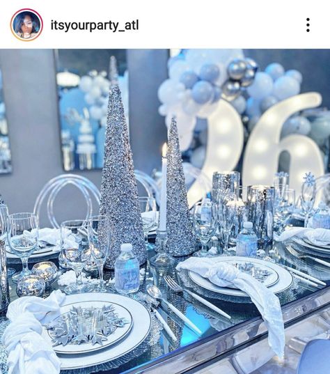 Ice Theme Birthday party Ice Quinceanera Theme, Ice Theme Birthday Party, Ice Blue Party Decorations, Platinum Birthday Theme, Iced Out Party Theme, Winter Ball Birthday Party, Icy Theme Party, Glacier Themed Party, Icy Party Theme