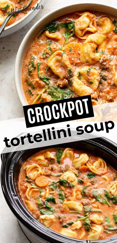 Crockpot Soup Tortellini, Call Crockpot Soups, Essen, Easy Crockpot Tortellini Soup, Crockpot Tomato Tortellini Soup, Tortellini Tomato Soup Crockpot, Healthy Easy Dinner Crockpot, Healthy Crockpot Recipes Ground Beef, Healthy Soup Recipes Crockpot