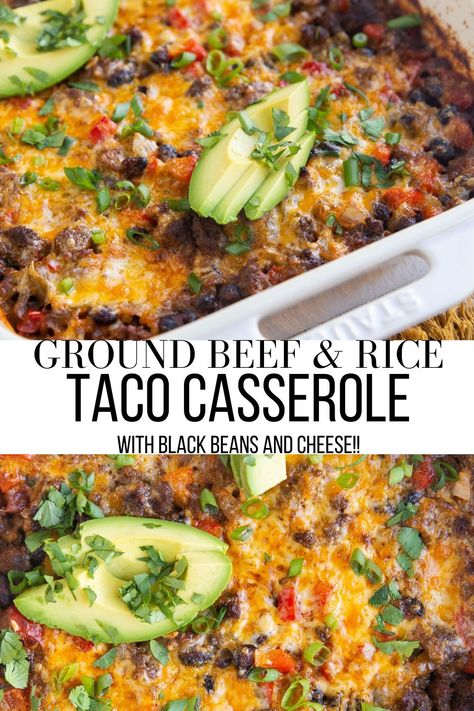 ground beef taco casserole recipe Ground Beef Taco Rice, Mexican Casserole With Beef And Rice, Ground Beef Taco Bake, Casserole With Black Beans, Ground Beef Taco Casserole, Ground Beef Enchilada Casserole, Bell Pepper Salsa, Ground Beef And Rice Casserole, Meat Casserole Recipes