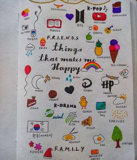 What Make Me Happy Journal, Journal Ideas Things That Make Me Happy, Happy Drawings Doodles Art Journals, Journal Ideas What Makes Me Happy, Draw Notebook Ideas, Things To Be Happy About Journal, Notes Decoration Ideas School, Note Decoration Ideas School, Dairy Design Ideas Journal