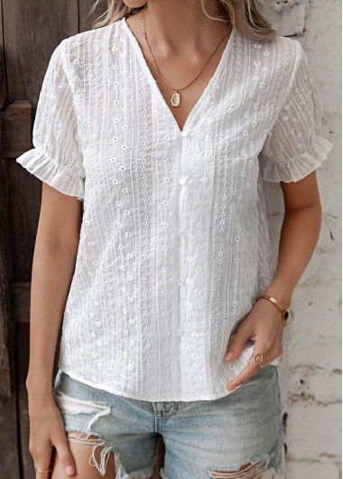 Color:White;Size:S;Package Contents:1 X Blouse;Occasion:Other;Style:Casual; Cotton Shirt For Women, Stylish White Shirts For Women, Short Top Patterns For Women, V Neck Cotton Top, Cotton Tops Designs Casual, Fancy Shirts For Women, Women Shirt Pattern, White Shirts Outfits, Cotton Top Design