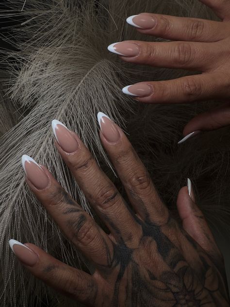 Soft Pointed Nails, Nude French Almond Nails, Deep French Tip Almond Nails, Pointy Almond French Tip, Pointed Oval Nails, Sharp Almond French Tip Nails, Pointy Almond Nails French Tip, Fancy French Manicure Almond, Medium Length Almond Nail Ideas