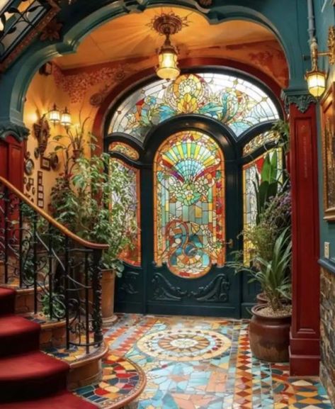 Artistic House Exterior, Victorian Decor Interior Design, Paris House Interior, Stained Glass Cottage, Art Nouveau Houses, Maximalist Architecture, Victorian House Ideas, Queer Apartment, Mystical House