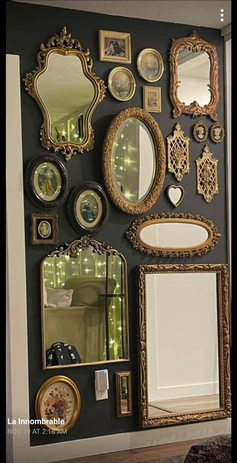 Goth Salon, Vintage Room Design, Orangery Ideas, Mirror Gallery, Mirror Gallery Wall, Dark Home Decor, Mirror Ideas, Goth Home, Dekorasi Kamar Tidur