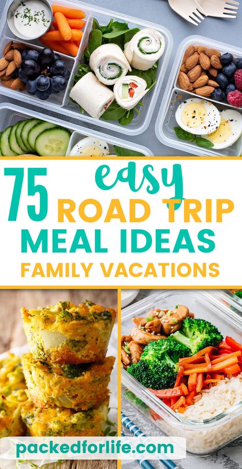 Meals For Car Trips, Easy Meals To Eat While Driving, Lunch Ideas For On The Road, Healthy Meals While Traveling, Packable Meals For Travel, Foods To Pack For Road Trip, Day Trip Lunch Ideas, On The Go Food Road Trips, Trip Meals Ideas