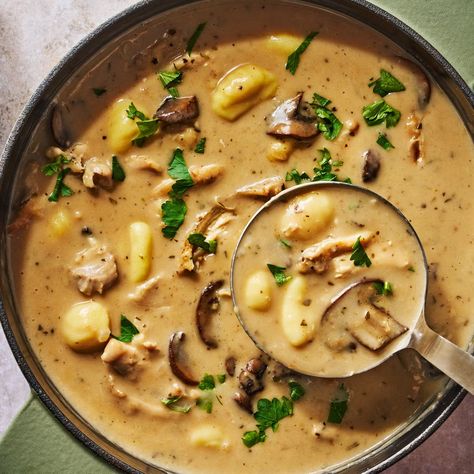 Creamy Chicken Marsala Gnocchi Soup Creamy Chicken Marsala, Gnocchi Recipes Soup, Sweet Potato Tacos, Marsala Chicken Recipes, Gnocchi Soup, Pan Fried Chicken, Dumplings For Soup, How To Cook Mushrooms, Chicken Marsala