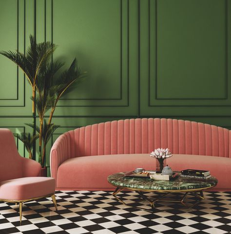 Mauve Living Room, Retro Room Ideas, Maximalist Living Room, Green House Design, Pink Couch, Green Apartment, Pink Furniture, Retro Bedrooms, Furniture Details Design