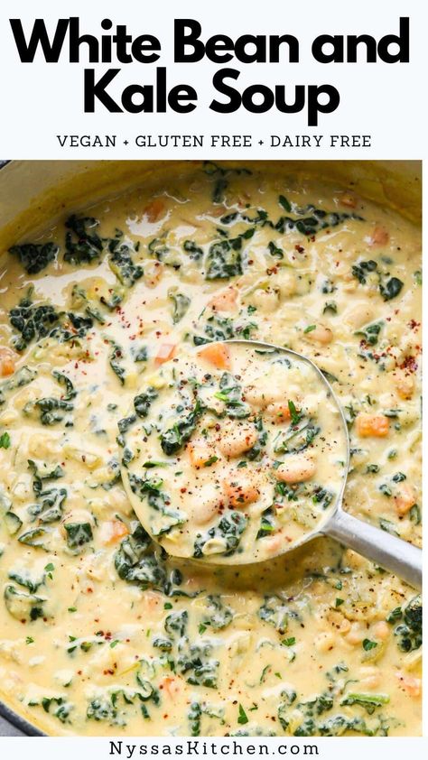 White Bean Kale Soup Crockpot, Alkaline Dinner Recipes, Kale Bean Soup, Kale Soup Vegan, Soup Dairy Free, White Bean And Kale Soup, Bean And Kale Soup, White Bean And Kale, White Bean Kale Soup