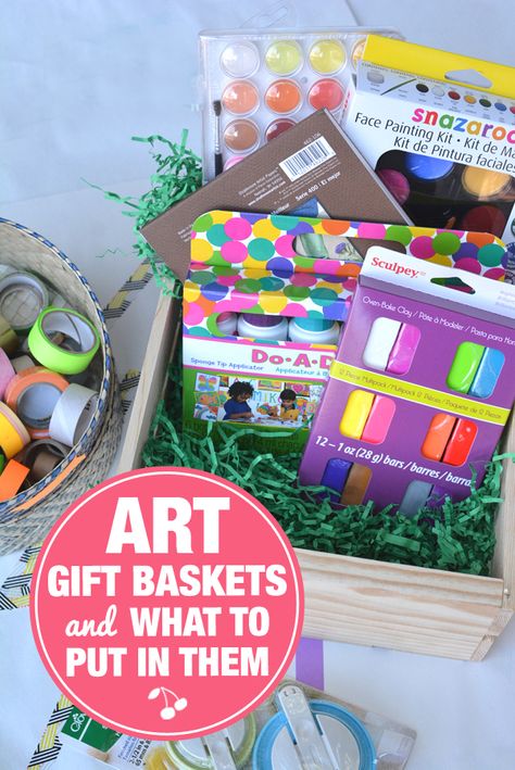 DIY Art Gift Baskets and The Best Art Supplies to Put in Them. Awesome gift idea for kids who have everything. Arts And Craft Basket Ideas, Arts And Crafts Raffle Basket, Arts And Craft Gift Basket Ideas, Arts And Crafts Basket Ideas, Arts And Crafts Gift Basket, Craft Basket Ideas, Art Basket Gift, Art Box For Kids, Art Gift Basket