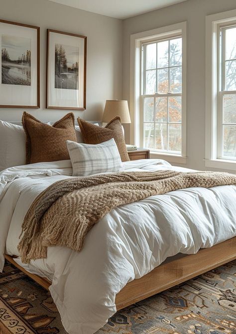 Gray And Clay Bedroom, Natural White Bedroom, Neutral Bedding Set, Guest Bedroom Ideas Wood Headboard, Queen Beds Ideas, Primary Bedroom Bedding, Off White Bedroom Ideas, Small Primary Bedroom Ideas, Bedroom Ideas Cosy