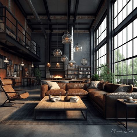 Industrial Lounge Design, Industrialist Interior Design, Industrial Design Living, Industrial Living Space, Modern Industrial House Interiors, Industrial Style Loft, Home Interior Design Industrial, House Interior Industrial, Warehouse Style Homes