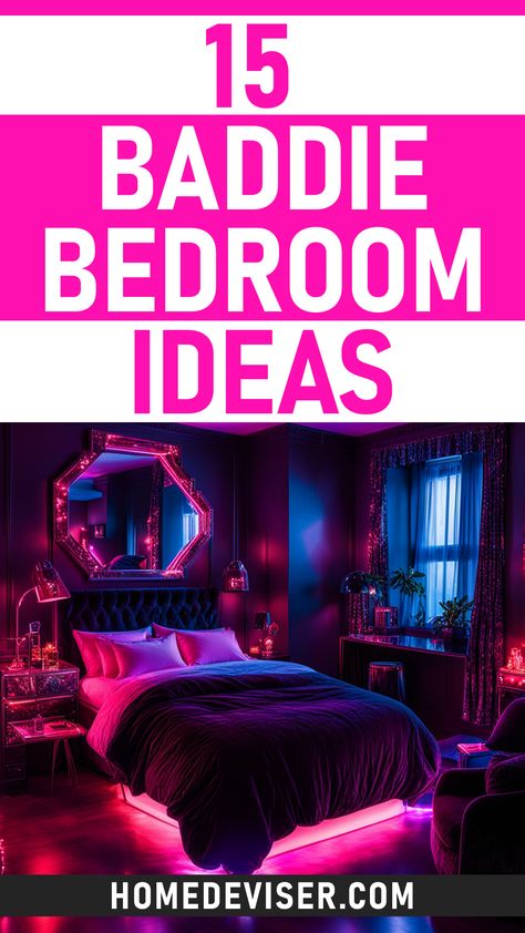 Dare to decorate dramatically with these 15 enticing Baddie Bedroom ideas with lush fabrics, neon lights, macabre accents and scene-stealing wall art. Women Bedrooms Ideas, Women Room Design, Pleasure Room Bedroom Ideas, Baddie Bedroom Decor, Galaxy Room Ideas Bedrooms, Neon Bedroom Decor, Fun Bedroom Ideas For Women, Spicy Bedroom Tips, Sensual Bedroom Decor