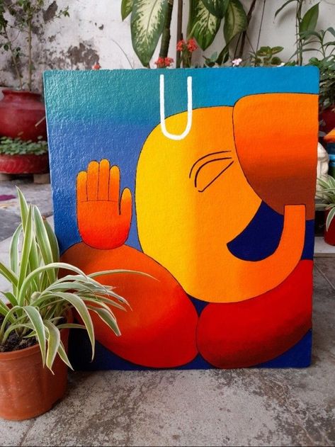 The Beauty and Magic of Artistic Canvas Paintings Ganesh Simple Painting, Small Canvas Art Ganesha, Acrylic Indian Painting Ideas, Ganesh Ji Abstract Painting, Acrylic Painting Canvas Simple, Simple God Paintings, Ganesh Art Paintings Abstract, Easy Ganesha Painting Canvas, Buddha Acrylic Painting Canvases