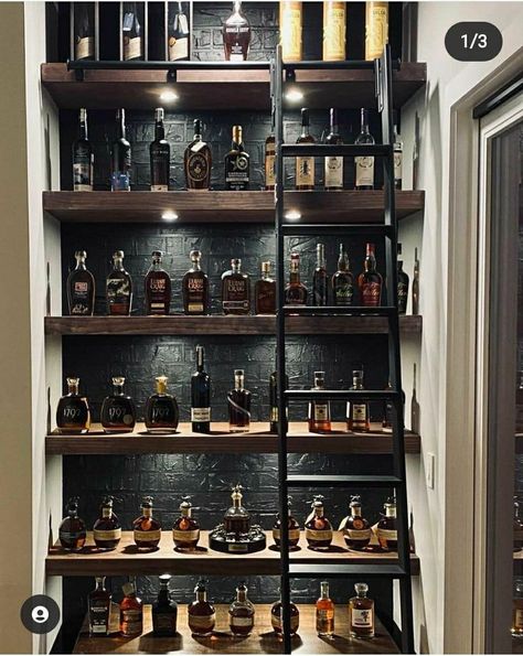 Home Library Whiskey Room, Display Liquor Cabinet, Library Wine Bar, Bourbon Room Ideas Modern, Whiskey Display Ideas Home, Wine And Bourbon Room, Whiskey Room Lighting, Bourbon Bar Basement, Library Whiskey Room