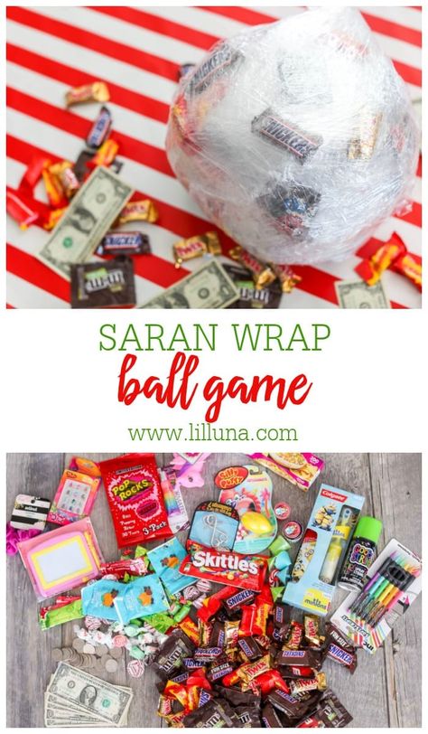 The Saran Wrap Ball Game is the most fun and entertaining holiday game out there. Guests get to unwrap a saran wrap ball filled with prizes! #saranwrapballgame #party #game #wrapballgame Items For Saran Wrap Ball Game, What To Put In Saran Wrap Ball Game, Plastic Wrap Ball Game Prizes, Ceran Wrap Ball Game Ideas, Seran Wrap Game, Saran Wrap Ball Game Prizes Ideas, Wrap Ball Game, Saran Wrap Ball, Saran Wrap Game