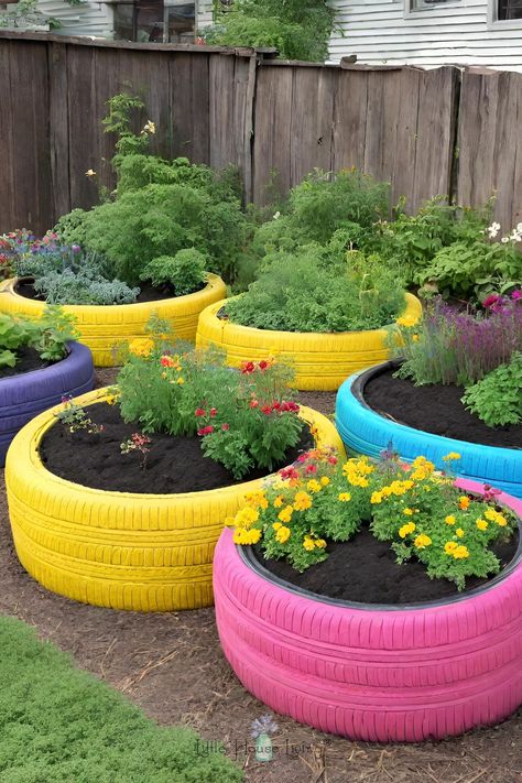 15 Cheap Raised Garden Bed Ideas Worth Making Rubber Tire Planters, Tire Vegetable Garden Planters, Tire Planters Garden, Repurpose Tires Garden, Tire Raised Garden Bed, Garden Tire Ideas, Small Garden Set Up, Eco Garden Design, Outdoor Planting Ideas