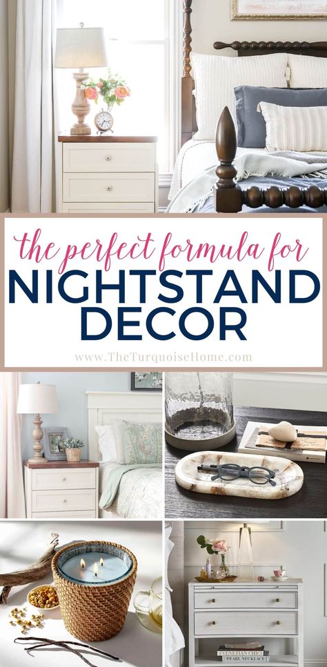 Turn your bedroom into your sanctuary! With some simple nightstand decorating tips, you can take your cluttered nightstand decor (and bedroom) and transform it into a respite from the rest of the world. What To Put On Nightstand Master Bedrooms, Decorating Ideas For Night Stand, Night Stand Ideas Small Spaces, Cottage Nightstand Decor, Staging Bedside Table Night Stands, Nightstand Masterbedroom Decor, What To Put On Bedside Tables, Styling Nightstand Ideas, Guest Room Nightstand Ideas