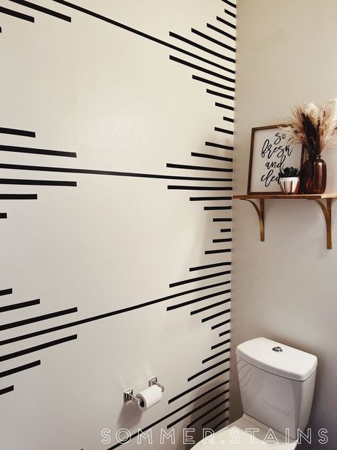 Accent Wall In Toilet Room, Black And White Bathroom Renter Friendly, Cheap Office Makeover Ideas, Accent Wall Without Painting, Accent Wall Bedroom Apartment Friendly, Paint Design Accent Wall, Painted Accent Wall Design Ideas, Renter Friendly Diy Bedroom, Easy Bathroom Wall Ideas