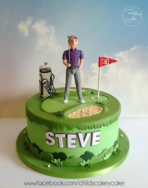 I think it’s fair to say that Steve is a golfing fanatic, so this mammoth 10" zesty lemon cake depicts him on the green in his favourite golfing gear. Steve was sculpted from modelling chocolate and clothed in sugarpaste. Everything was handmade,... Golf Themed Cakes, Tennis Cake, Golf Birthday Cakes, 40th Cake, Golf Cake, 50th Cake, Golf Birthday Party, Modelling Chocolate, Sport Cakes