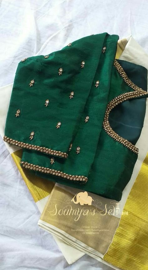 Green Blouse Designs Simple, Bottle Green Blouse Designs, Green Blouse Designs For Saree Bridal, Green Color Blouse Designs, Green Colour Blouse Designs, Green Silk Blouse Designs, Dark Green Blouse Designs, Simple Green Blouse Designs For Saree, Green Blouse Aari Work Designs