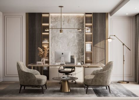 Study Room Luxury Modern, Executive Office Design Female Luxury, Office Interior Design Luxury Classic, Luxury Office Wall Design, Modern Classic Office Interior, New Classic Office Interior Design, Modern Classic Study Room, Modern Classic Office Design, Luxury Office Interior Ceo Women