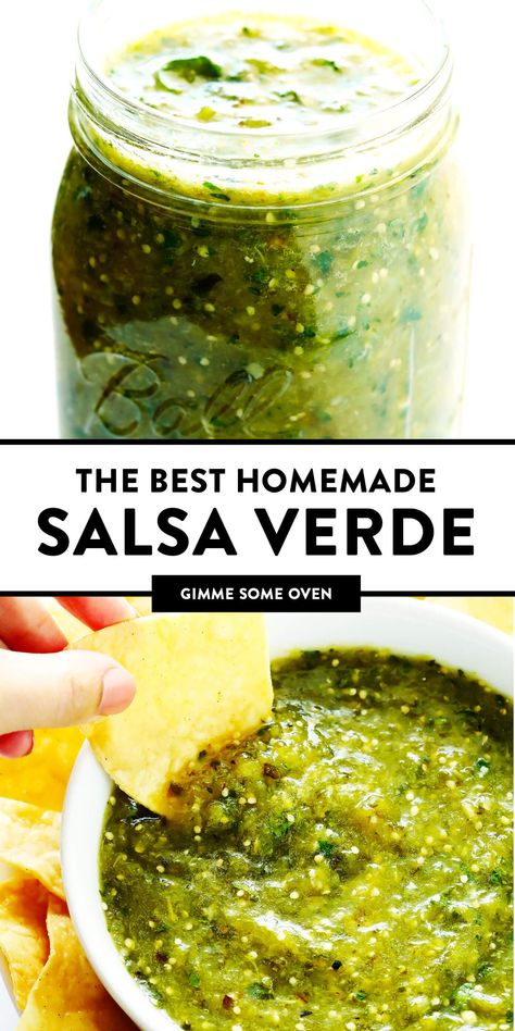 The BEST Salsa Verde recipe!! It's easy to make with roasted tomatillo, cilantro, onion, garlic, lime juice, and cumin...it only takes about 20 minutes to make...and it's the perfect appetizer with chips or accompaniment to your favorite Mexican food! | gimmesomeoven.com (Gluten-Free / Vegan / Vegetarian) Salsa Recipe Tomatillo, Cilantro Salsa Verde, Recipes That Use Tomatillos, Best Verde Salsa, Things To Make With Tomatillos, Salsa Recipe Verde, Tomatillo Recipes Vegan, Mexican Salsa Verde Recipe, Salsa Recipe With Tomatillos