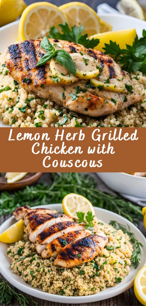 Lemon Herb Grilled Chicken with Couscous | Cheff Recipes Grilled Herb Chicken Recipes, Mediterranean Chicken And Couscous, Couscous Chicken Bowl, Healthy Dinner Recipes For Family Veggie, Lemon Chicken Couscous, Flavorful Couscous Recipes, Healthy Recipes With Couscous, Couscous Side Dishes Dinner, Healthy But Yummy Dinners