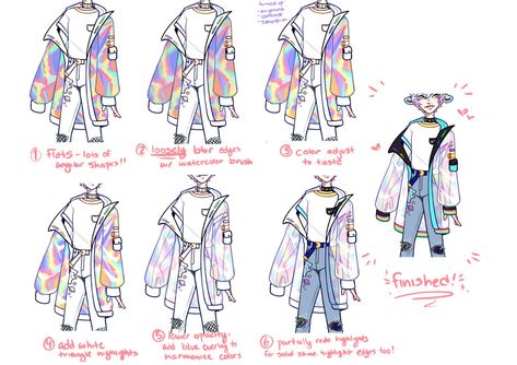 Holo Tutorial Drawing, How To Draw Iridescent Fabric, Holographic Clothes Drawing Tutorial, Binder Drawing Reference, Jacket Tutorial Drawing, Jacket Coloring Tutorial, Clothing Coloring Tutorial, Holographic Coloring Tutorial, How To Draw Holographic