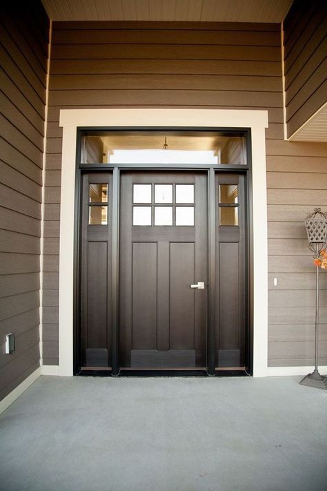 27 Chic Dark Front Doors To Try For Your Entry Dark Front Door, Craftsman Style Front Doors, Stained Front Door, Craftsman Front Door, Brown Front Doors, Craftsman Front Doors, Entry Door With Sidelights, Fiberglass Exterior Doors, Black Front Doors