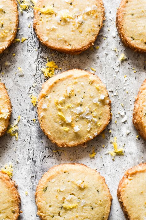 Salted Rosemary & Lemon Shortbread Cookies Savory Christmas Cookies, Cottage Food Recipes, Savory Shortbread Cookies, Wedding Shortbread Cookies, Cookies With Herbs, Pretty Shortbread Cookies, Shortbread Cookies Aesthetic, Shortbread Aesthetic, Cottage Food Ideas